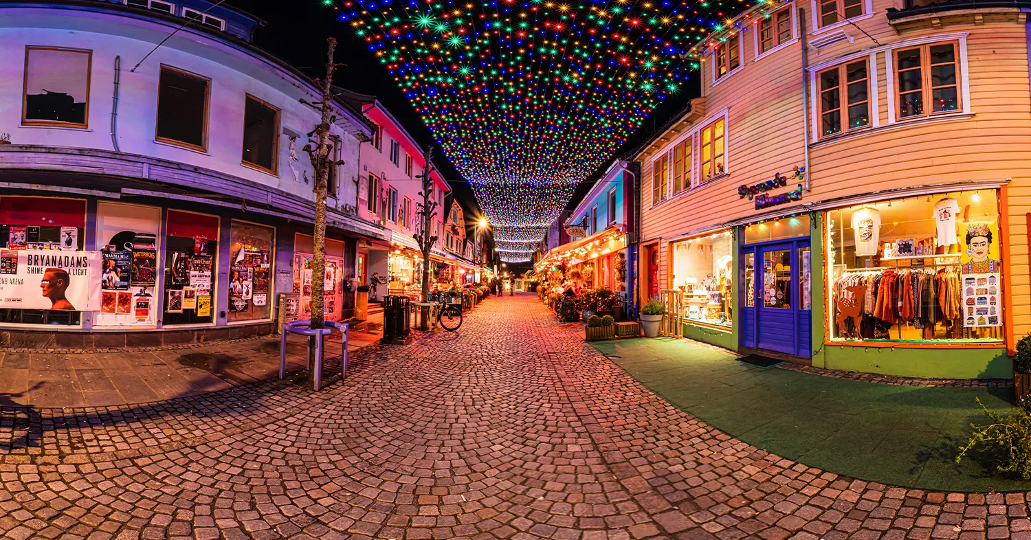 Preview image of a 360° photograph of a festive Christmas market street with warm lights, Stavanger, Norway