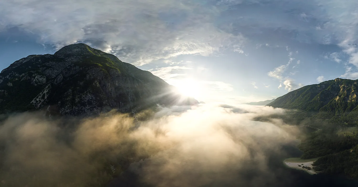 Preview image of a 360° photograph of an early morning mountain landscape, Lake Bohinj, Slovenia