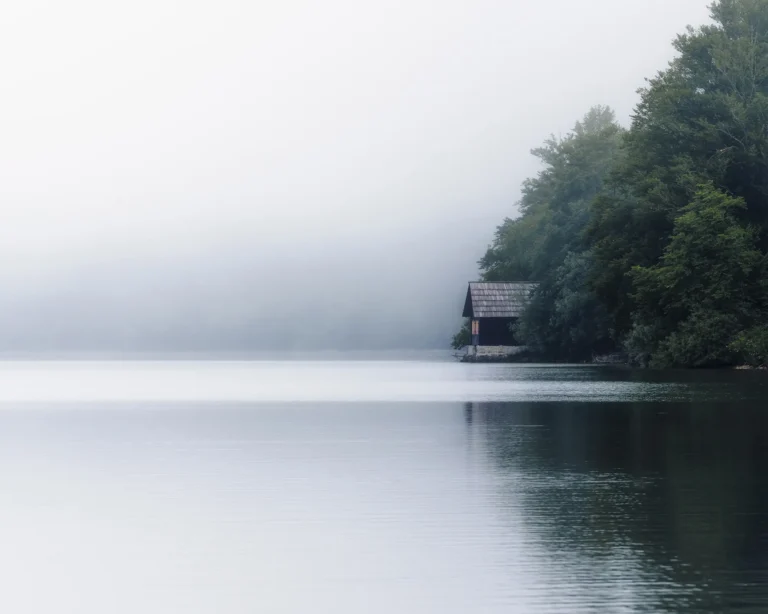 Lone cabin on a misty lakeshore shrouded in soft fog and muted morning light in Slovenia