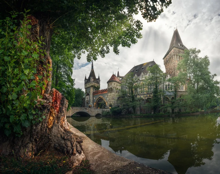 Vajdahunyad Castle in Budapest framed by autumn foliage, fine art architecture photograph