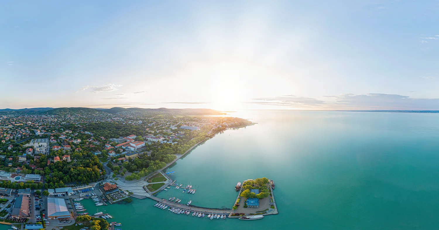 Preview image of a 360° photograph of a pier glowing under a soft sunrise, Balatonfüred, Hungary