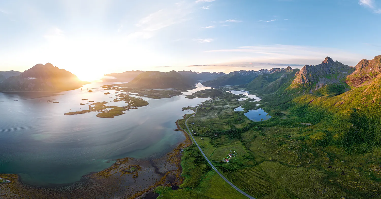 Preview image of a 360° photograph of a coastal landscape under the midnight sun, Lofoten, Norway